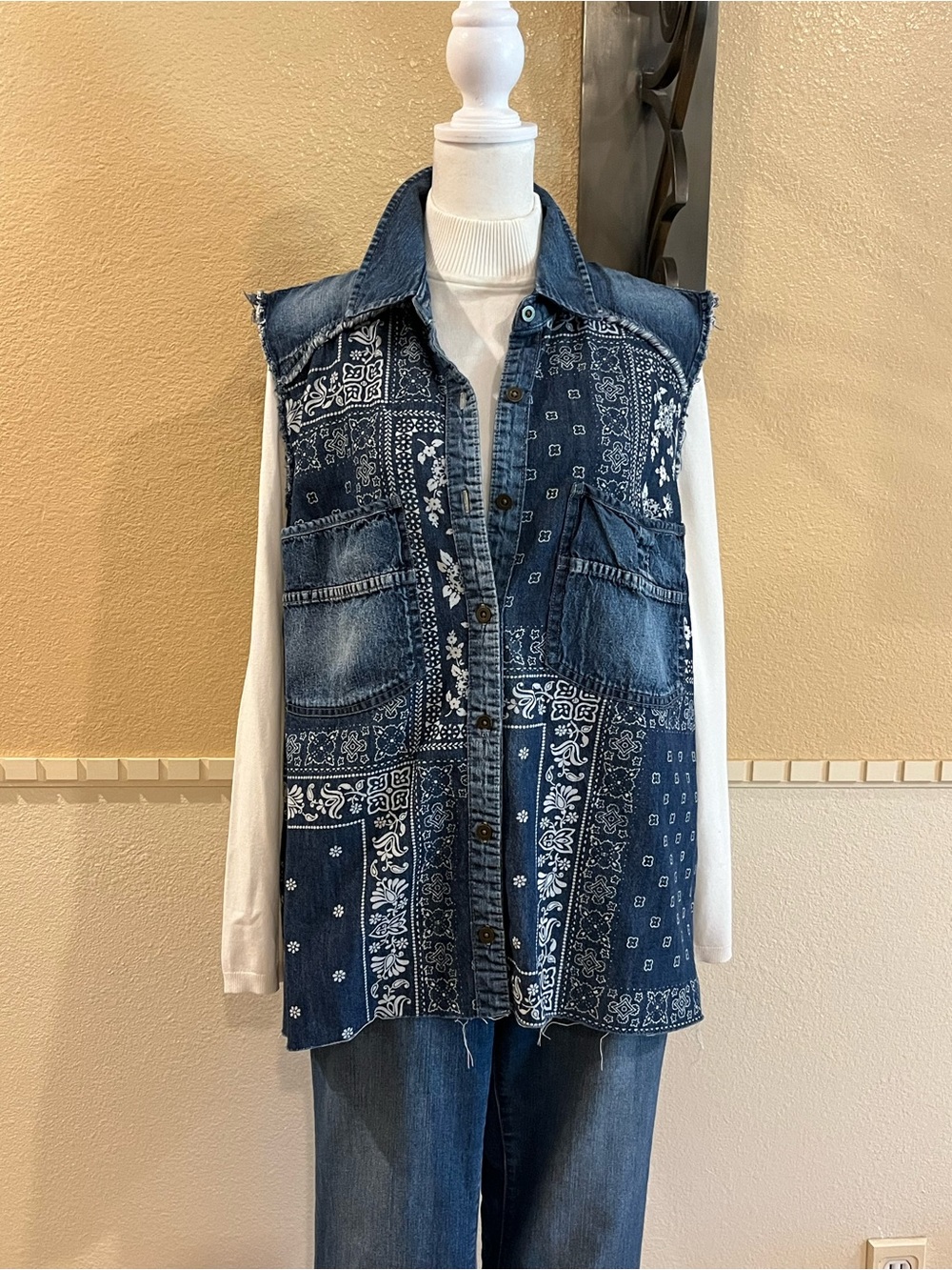 Free People denim / jean vest w/ bandana patch print. Frayed. Boho. Western. L - Picture 3 of 7
